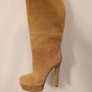 Gucci “Alexa” Suede Camel Platform Heeled Knee High Boots